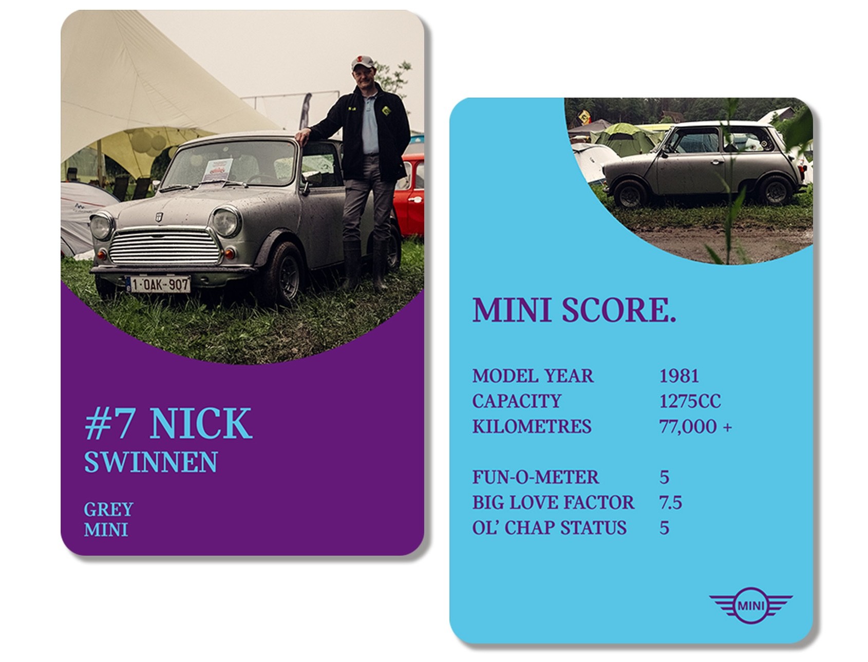 Front of playing card: Owner and MINI enthusiast Nick Swinnen poses next to his grey Classic Mini. Back of card: MINI SCORE: MODEL YEAR: 1981 / CAPACITY: 1275cc / KILOMETRES: 77,000+ / FUN-O-METER: 5 / BIG LOVE FACTOR: 7.5 / OL’ CHAP STATUS: 5